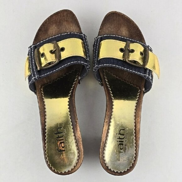 Faith Women's Gold Denim Slip On Upper Buckle Strap Mule Sandal Sole Size 6 - Picture 5 of 16